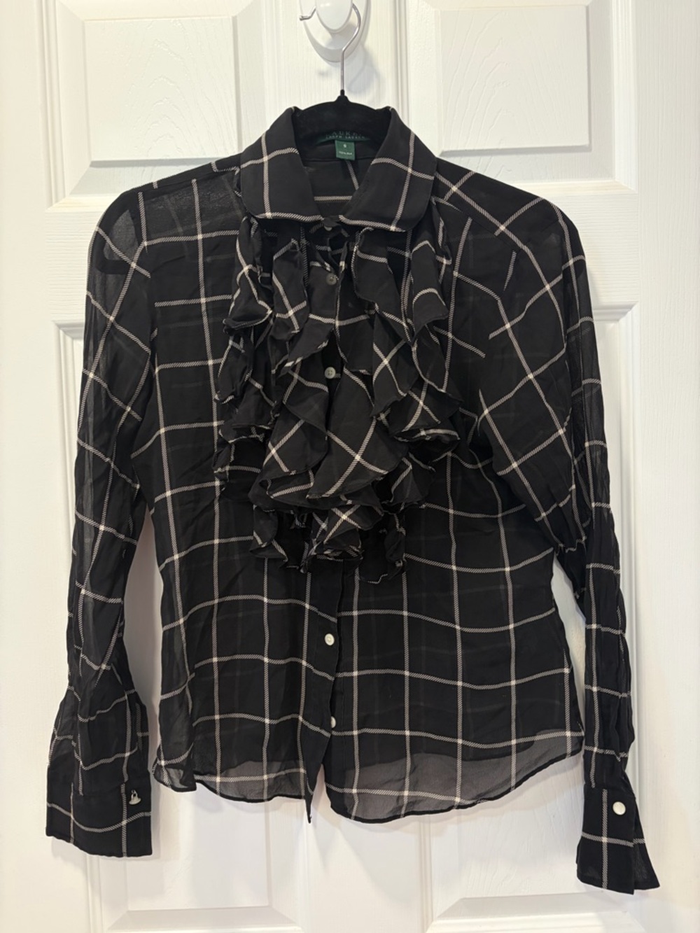 Ralph Lauren Ruffled Black Windowpane Button-Up Blouse